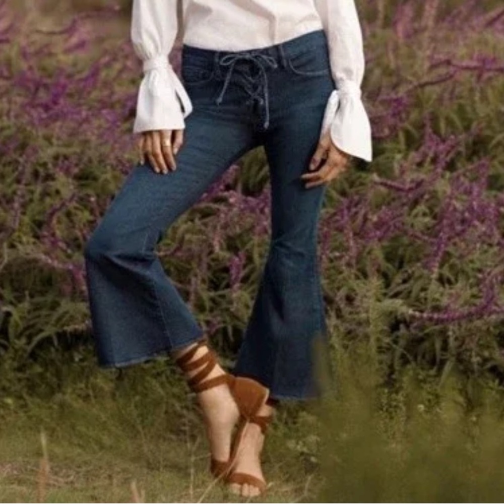 Frame Le Bell Cropped Tie Up Front Side Zipper Flare Denim Jean